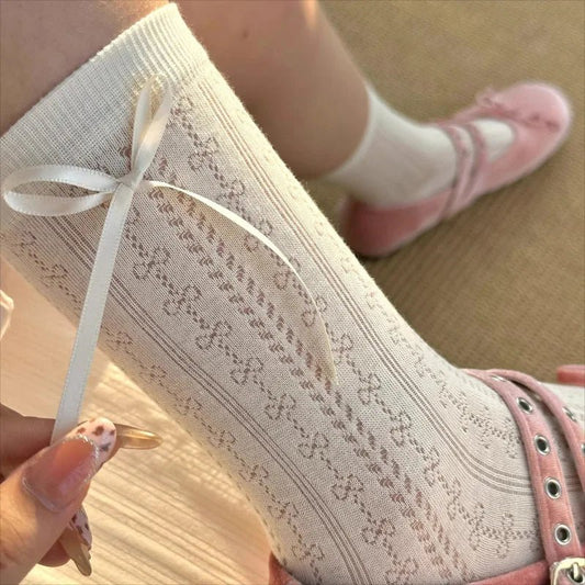 Lolita Thin Tube Bow Socks Side Ribbon Bow Stocking Spring Summer Hollow Cream Kawaii Stockings Cute Trendy Footwear Accessories - Avero