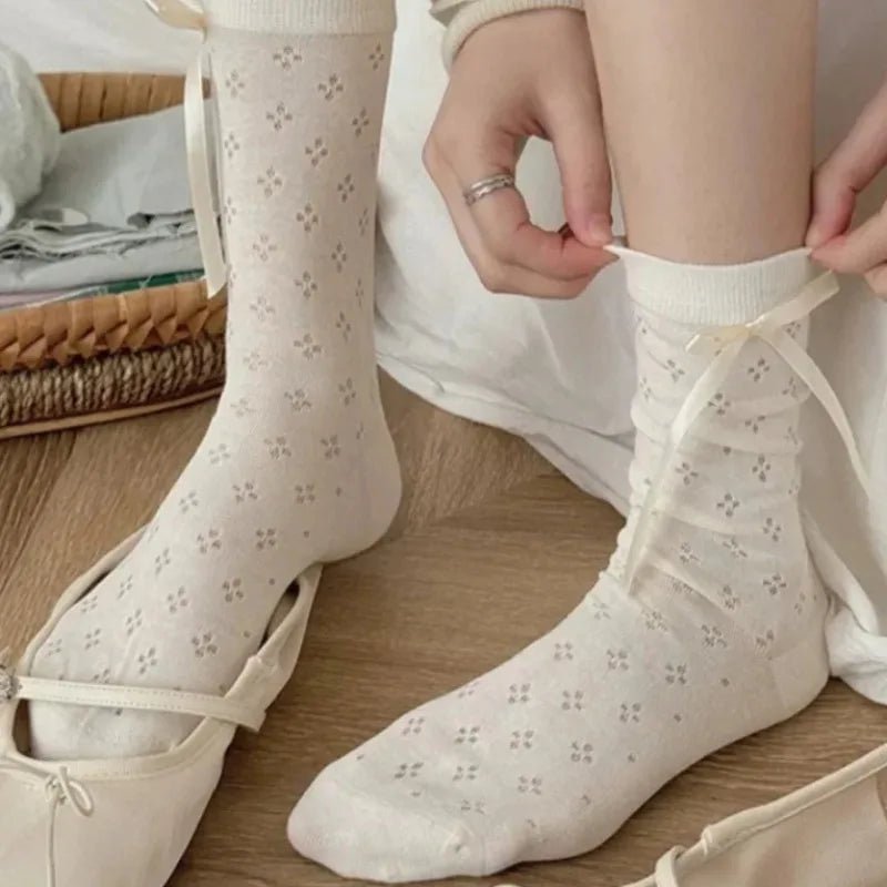 Lolita Thin Tube Bow Socks Side Ribbon Bow Stocking Spring Summer Hollow Cream Kawaii Stockings Cute Trendy Footwear Accessories - Avero