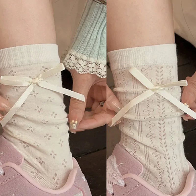 Lolita Thin Tube Bow Socks Side Ribbon Bow Stocking Spring Summer Hollow Cream Kawaii Stockings Cute Trendy Footwear Accessories - Avero