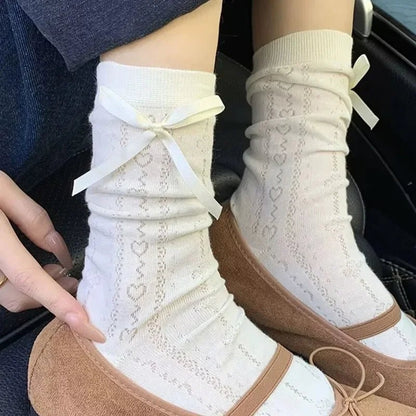 Lolita Thin Tube Bow Socks Side Ribbon Bow Stocking Spring Summer Hollow Cream Kawaii Stockings Cute Trendy Footwear Accessories - Avero