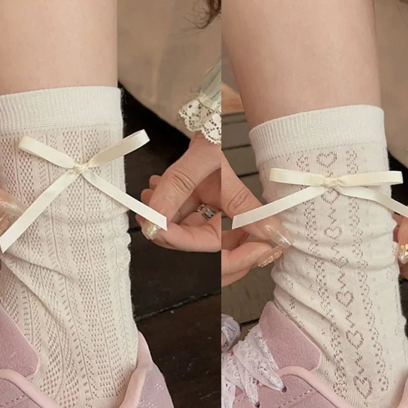 Lolita Thin Tube Bow Socks Side Ribbon Bow Stocking Spring Summer Hollow Cream Kawaii Stockings Cute Trendy Footwear Accessories - Avero