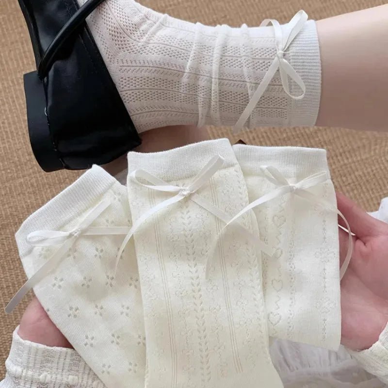 Lolita Thin Tube Bow Socks Side Ribbon Bow Stocking Spring Summer Hollow Cream Kawaii Stockings Cute Trendy Footwear Accessories - Avero