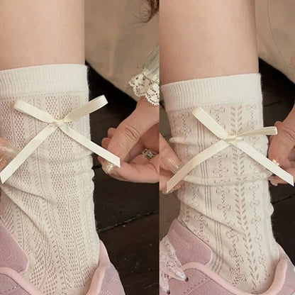 Lolita Thin Tube Bow Socks Side Ribbon Bow Stocking Spring Summer Hollow Cream Kawaii Stockings Cute Trendy Footwear Accessories - Avero