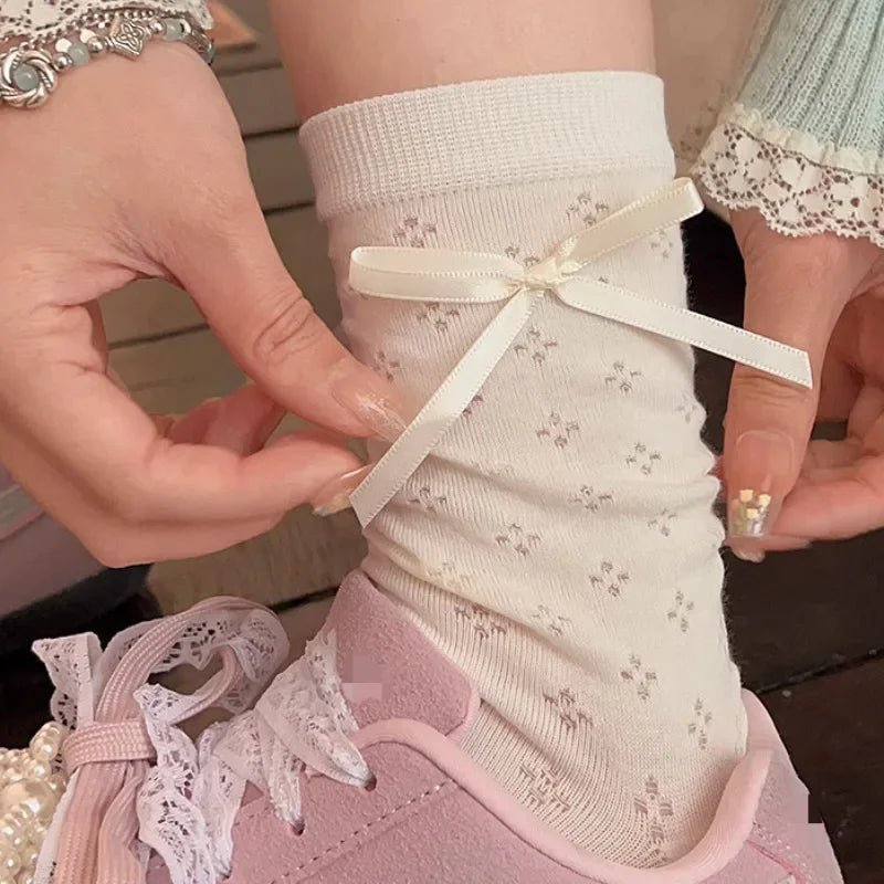 Lolita Thin Tube Bow Socks Side Ribbon Bow Stocking Spring Summer Hollow Cream Kawaii Stockings Cute Trendy Footwear Accessories - Avero