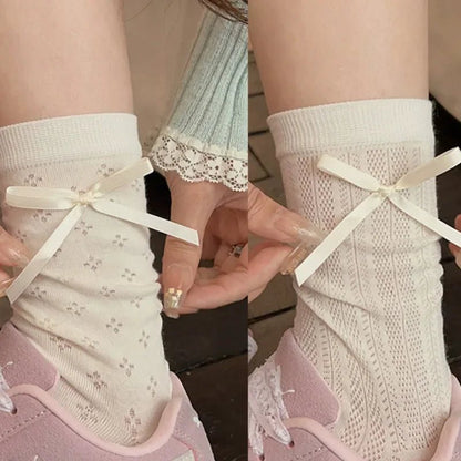 Lolita Thin Tube Bow Socks Side Ribbon Bow Stocking Spring Summer Hollow Cream Kawaii Stockings Cute Trendy Footwear Accessories - Avero