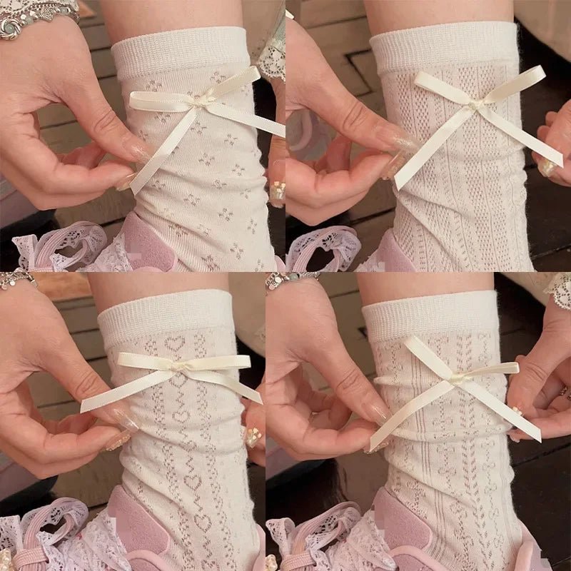 Lolita Thin Tube Bow Socks Side Ribbon Bow Stocking Spring Summer Hollow Cream Kawaii Stockings Cute Trendy Footwear Accessories - Avero