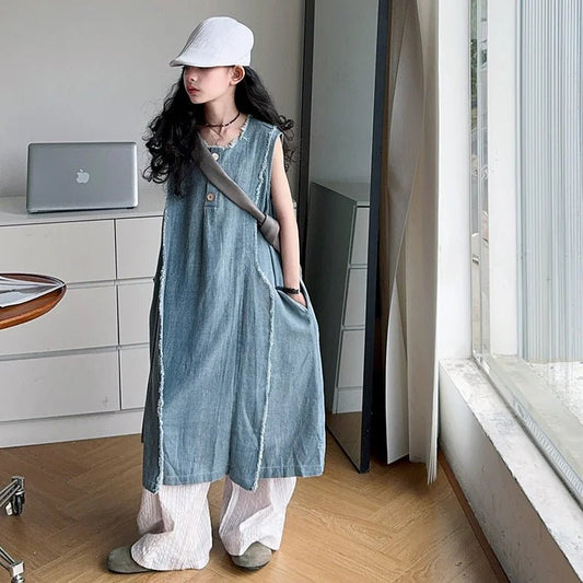 Loose Style Kids Luxury Summer Denim Dresses for Teenage Girl High Fashion Street Outfits Children Casual Sleeveless Jeans Dress - Avero