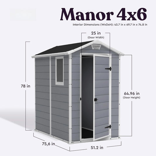 Manor 4x6 Resin Outdoor Storage Shed Kit - Perfect to Store Patio Furniture, Garden Tools Bike Accessories, Beach Chairs and Lawn - Avero