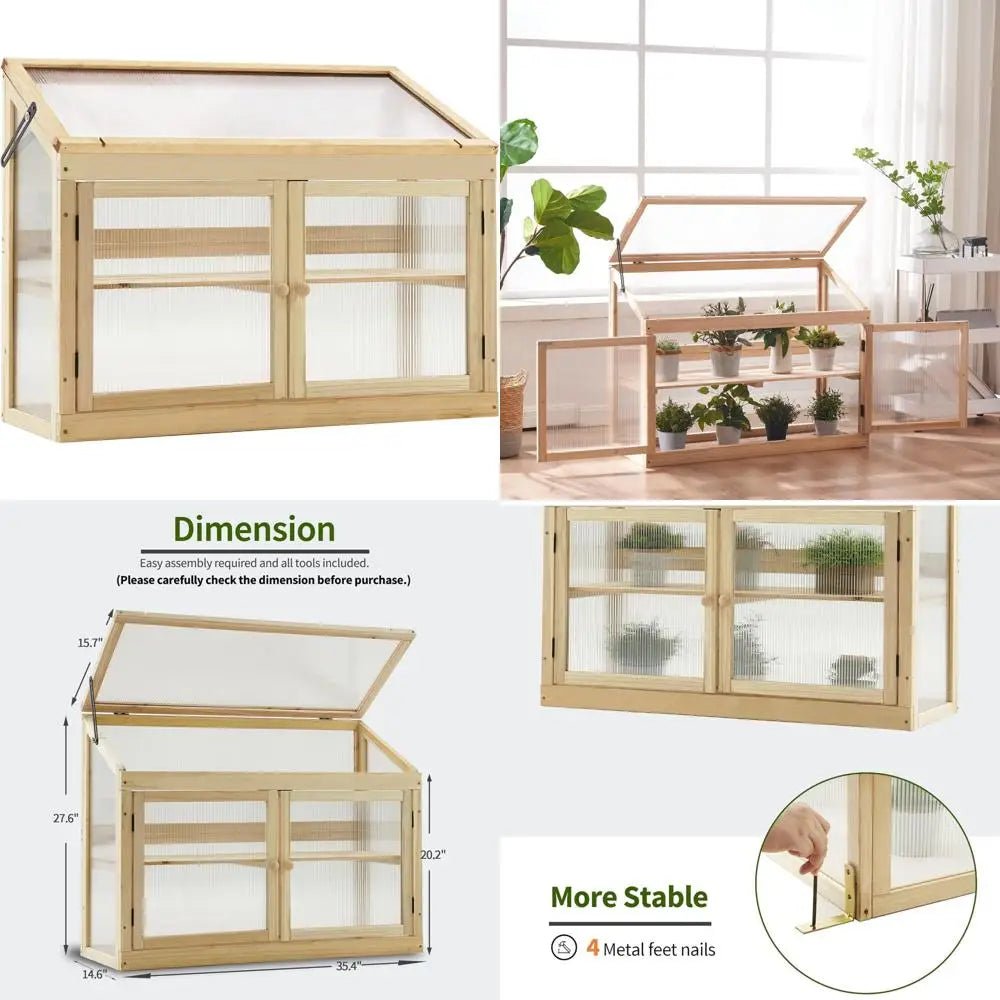 MCombo 2 - Tier Wooden Cold Frame Garden Greenhouse Raised Flower Planter Shelf Bed Protection 6057 - 0160 (Natural) - Avero