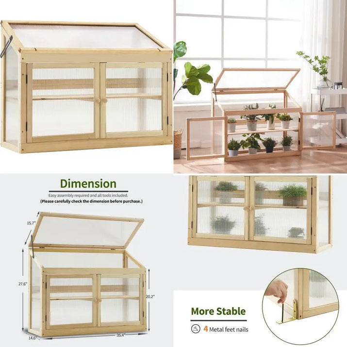 MCombo 2 - Tier Wooden Cold Frame Garden Greenhouse Raised Flower Planter Shelf Bed Protection 6057 - 0160 (Natural) - Avero
