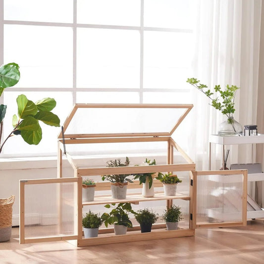 MCombo 2 - Tier Wooden Cold Frame Garden Greenhouse Raised Flower Planter Shelf Bed Protection 6057 - 0160 (Natural) - Avero