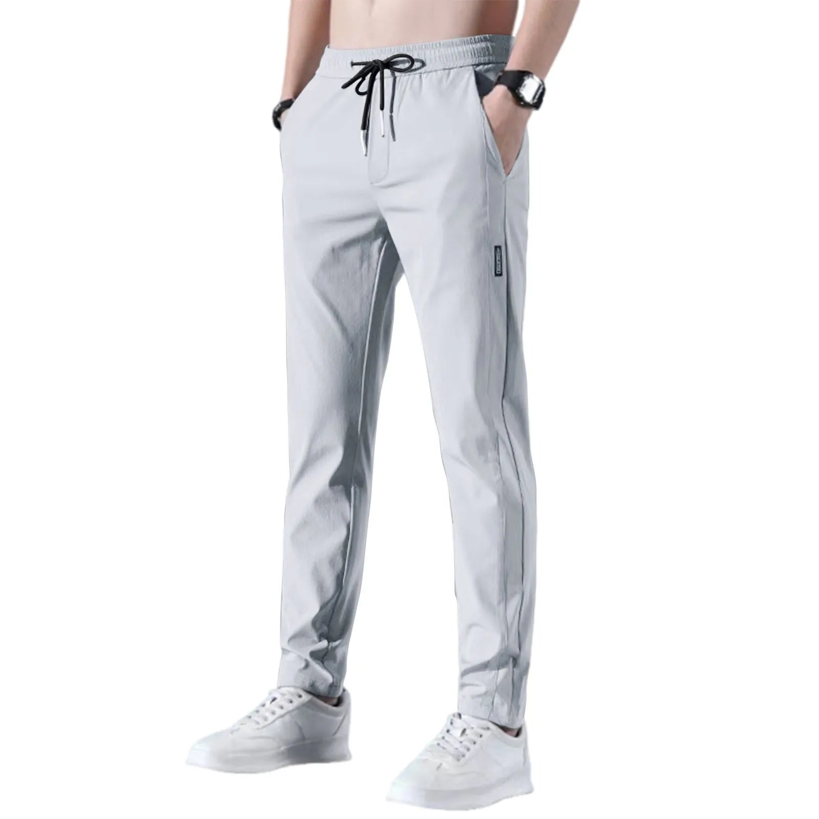 Men Fast Dry Stretch Pants Ice Silk Trousers Solid Color Mid - Waist Loose Breathable Straight - Leg Casual Pants Thin Sports Pants - Avero