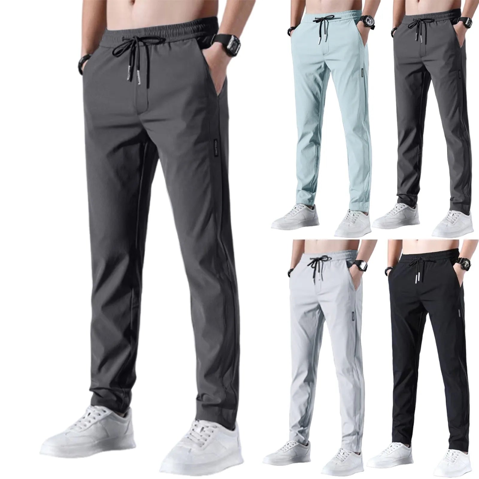 Men Fast Dry Stretch Pants Ice Silk Trousers Solid Color Mid - Waist Loose Breathable Straight - Leg Casual Pants Thin Sports Pants - Avero