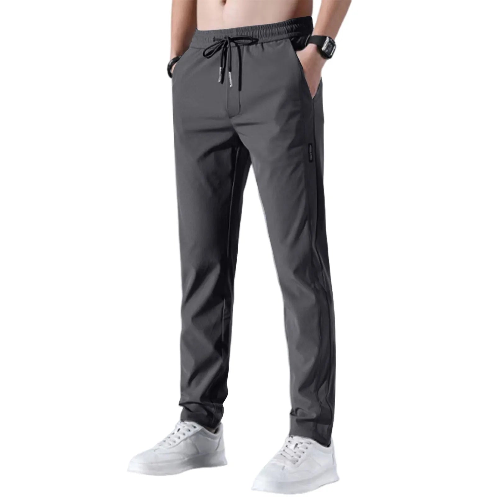 Men Fast Dry Stretch Pants Ice Silk Trousers Solid Color Mid - Waist Loose Breathable Straight - Leg Casual Pants Thin Sports Pants - Avero