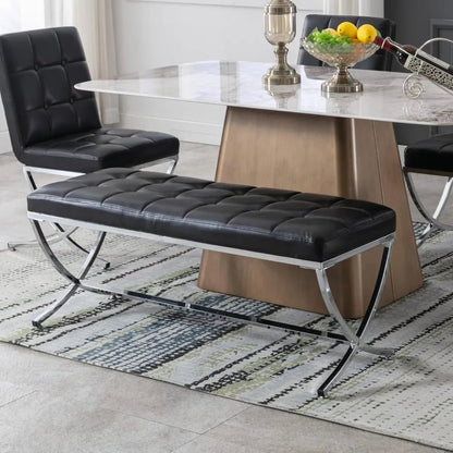 Modern PU Leather Dining Bench, Button Tufted Ottoman Bench with X - Shape Chrome Finish Upholstered End of Bed Bench Comfy - Avero