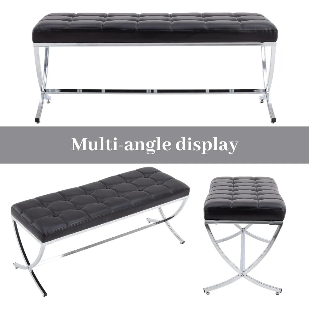 Modern PU Leather Dining Bench, Button Tufted Ottoman Bench with X - Shape Chrome Finish Upholstered End of Bed Bench Comfy - Avero