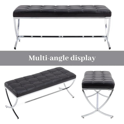 Modern PU Leather Dining Bench, Button Tufted Ottoman Bench with X - Shape Chrome Finish Upholstered End of Bed Bench Comfy - Avero