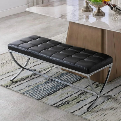 Modern PU Leather Dining Bench, Button Tufted Ottoman Bench with X - Shape Chrome Finish Upholstered End of Bed Bench Comfy - Avero