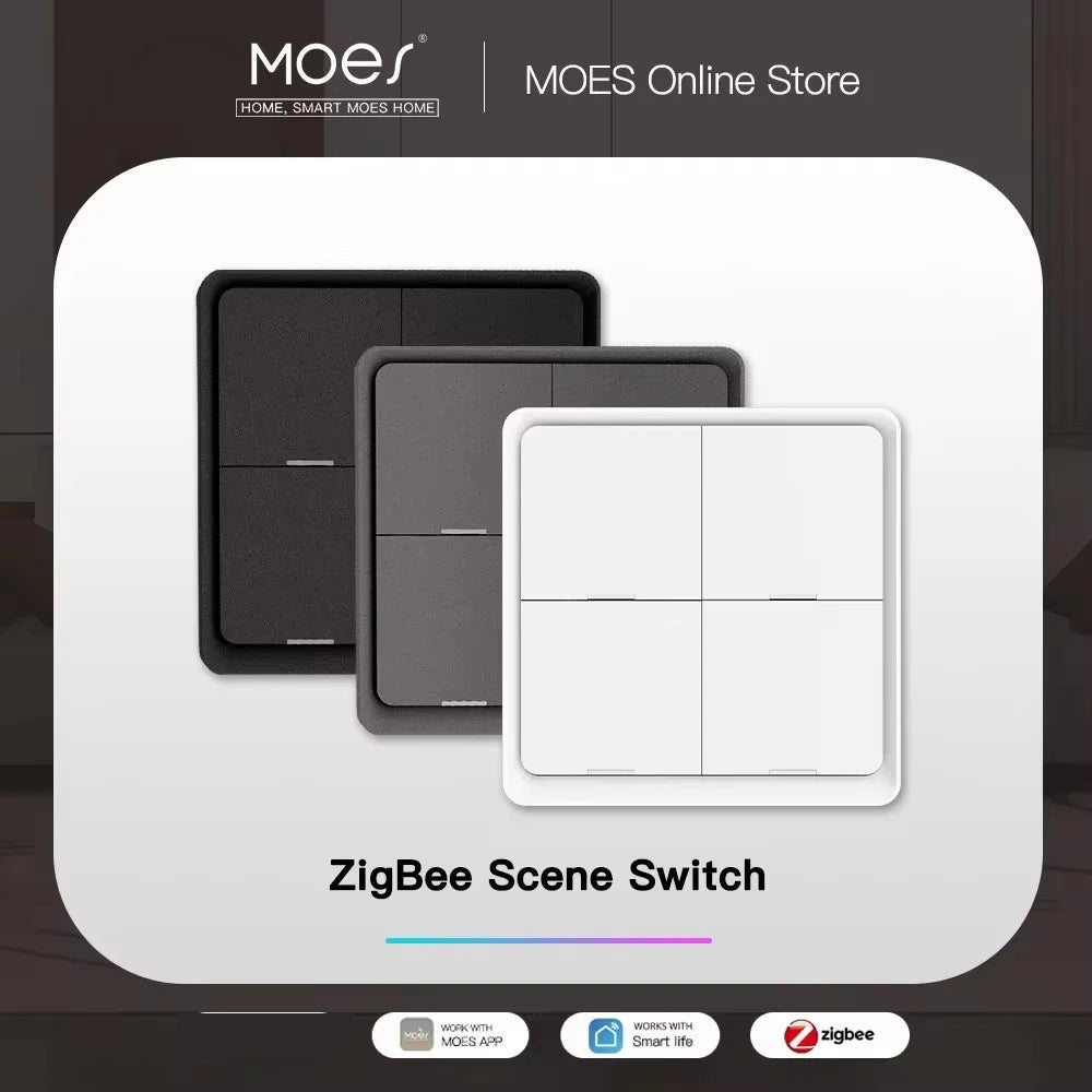 MOES 4 Gang Tuya ZigBee Wireless 12 Scene Switch Push Button Controller Battery Powered Automation Scenario for Tuya Devices - Avero