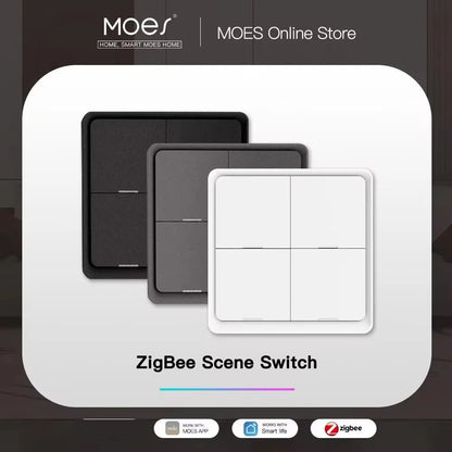 MOES 4 Gang Tuya ZigBee Wireless 12 Scene Switch Push Button Controller Battery Powered Automation Scenario for Tuya Devices - Avero