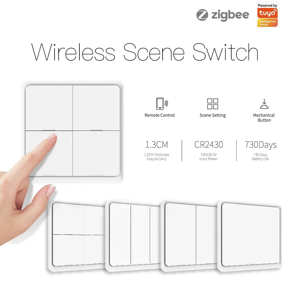 MOES 4 Gang Tuya ZigBee Wireless 12 Scene Switch Push Button Controller Battery Powered Automation Scenario for Tuya Devices - Avero