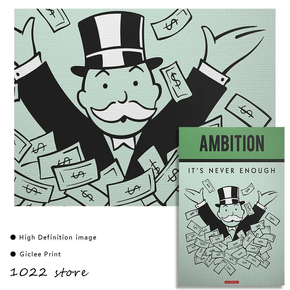 Monopoly Millionaire Money Canvas Decorative Painting Motivational Quote Art Poster Cartoon Figure Mural Home Wall Decor Picture - Avero