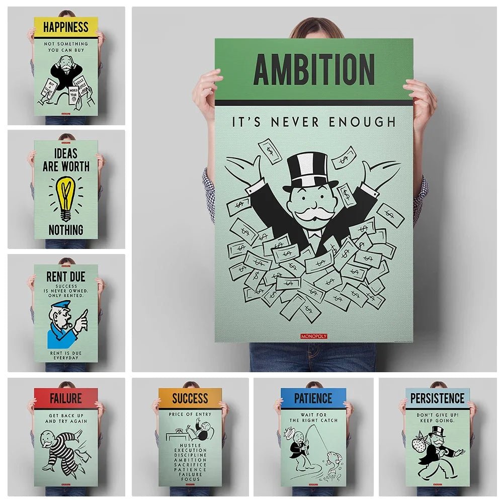 Monopoly Millionaire Money Canvas Decorative Painting Motivational Quote Art Poster Cartoon Figure Mural Home Wall Decor Picture - Avero
