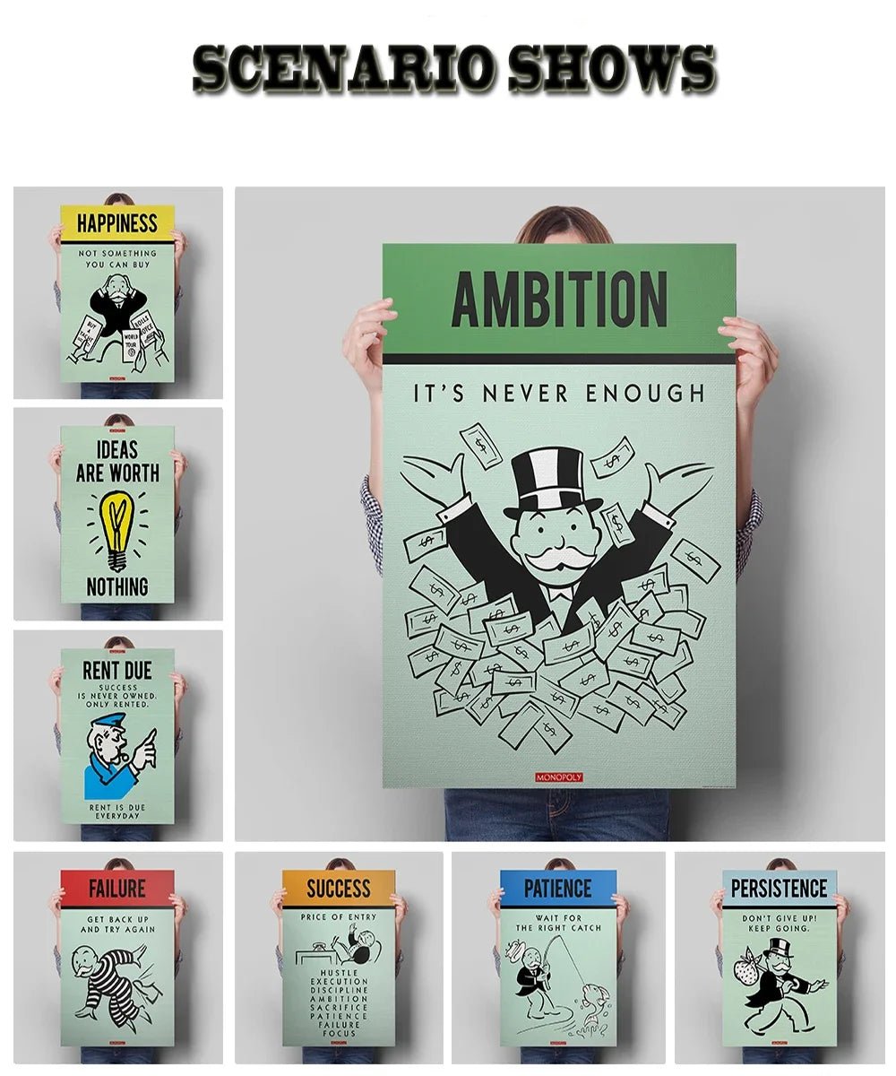 Monopoly Millionaire Money Canvas Decorative Painting Motivational Quote Art Poster Cartoon Figure Mural Home Wall Decor Picture - Avero
