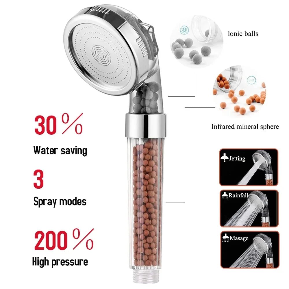 New 3 Functions High Pressure SPA Shower Head Water Saving Handheld Rainfall Bathroom Accessories Anion Filter Shower - Avero