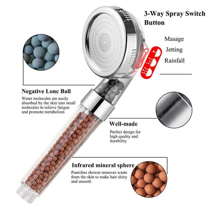 New 3 Functions High Pressure SPA Shower Head Water Saving Handheld Rainfall Bathroom Accessories Anion Filter Shower - Avero