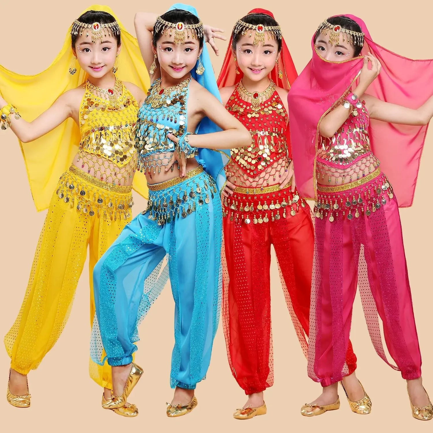 New Children's Belly Dance Set, Children's Indian Dance Costume, Ethnic Dance Performance Costume, Chili Pepper Highlight Pants - Avero