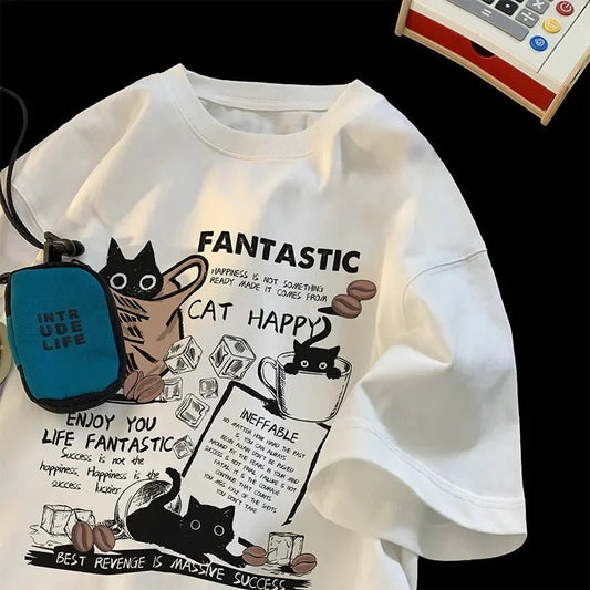 New Men Women T Shirt Pullover Oversize Korean version Cartoon Cat Group Printed T-Shirt Casual Short Sleeve Couples T-Shirt - Avero