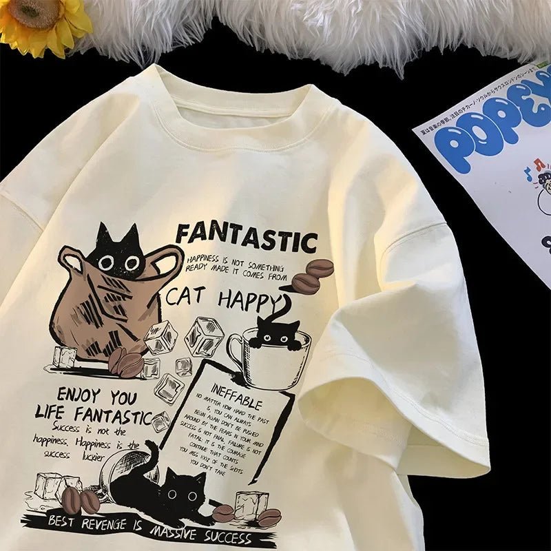 New Men Women T Shirt Pullover Oversize Korean version Cartoon Cat Group Printed T-Shirt Casual Short Sleeve Couples T-Shirt - Avero
