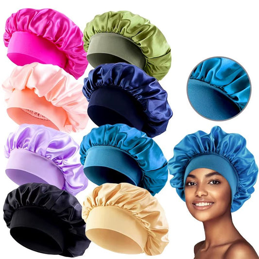 New Women'S Satin Solid Wide - Brimmed Sleeping Hat Unisex Head Wrap Elastic Band Cap Hair Care Bonnet Night Hat Bonnet De Nuit - Avero