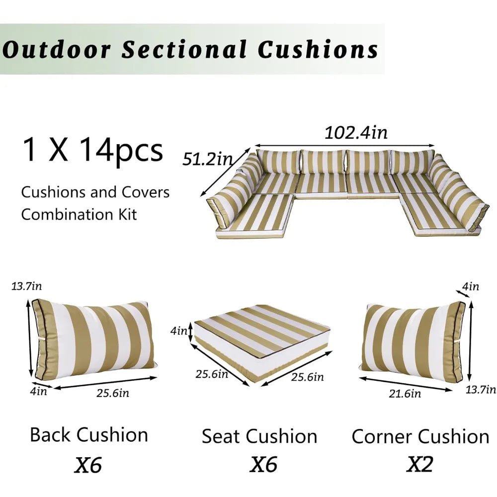 Outdoor Sectional Cushions Replacement Set, 26x26in Patio Furniture Cushions, 14 Pieces Waterproof Outdoor Couch Cushion for 6 - Avero