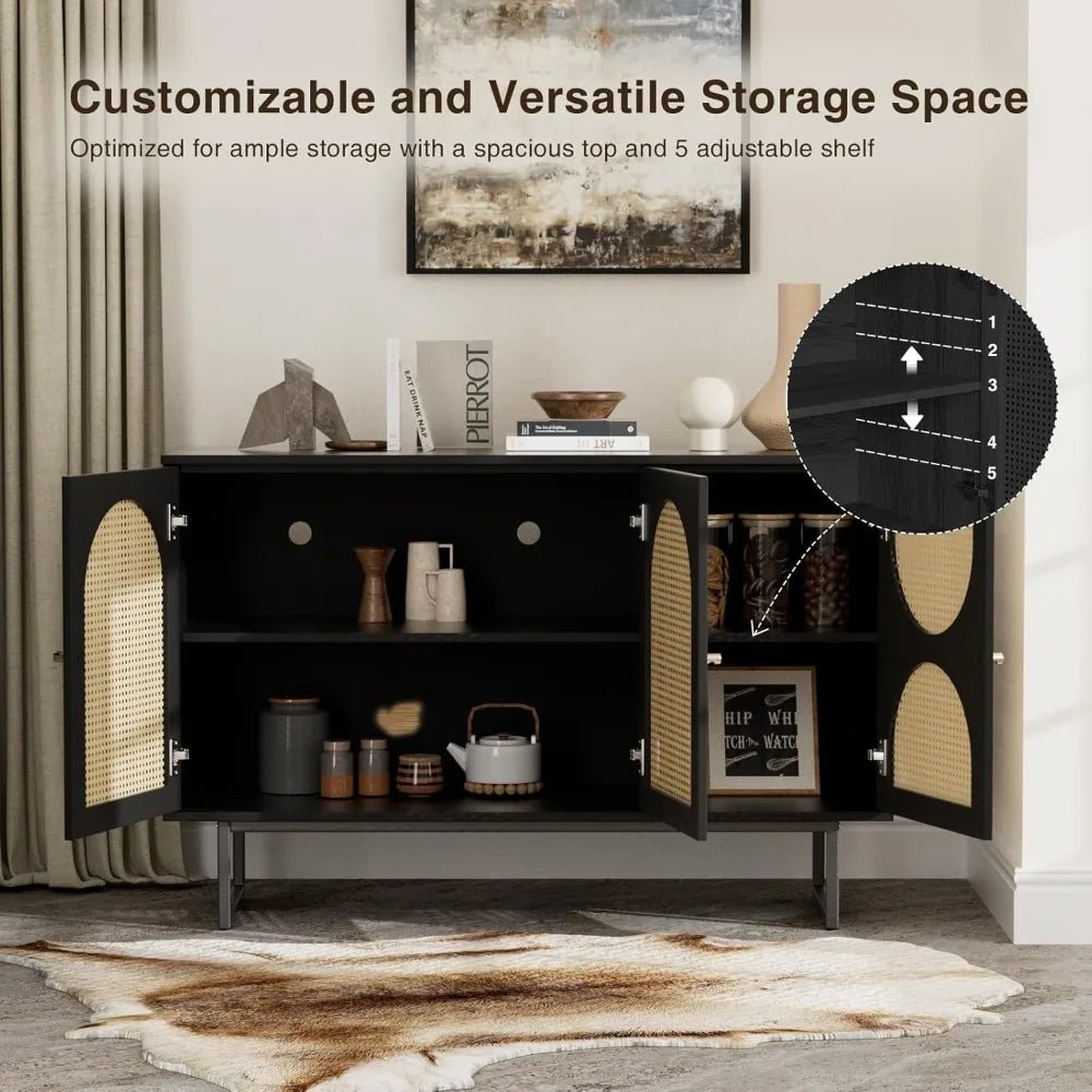 Rattan Door Sideboard Cabinet with Metal Legs for Living Room, Hallway, and Entryway - Black, 3 Doors Storage Furniture - Avero