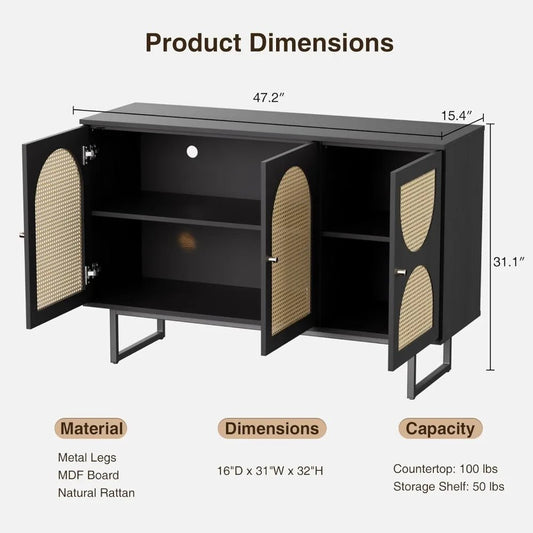 Rattan Door Sideboard Cabinet with Metal Legs for Living Room, Hallway, and Entryway - Black, 3 Doors Storage Furniture - Avero