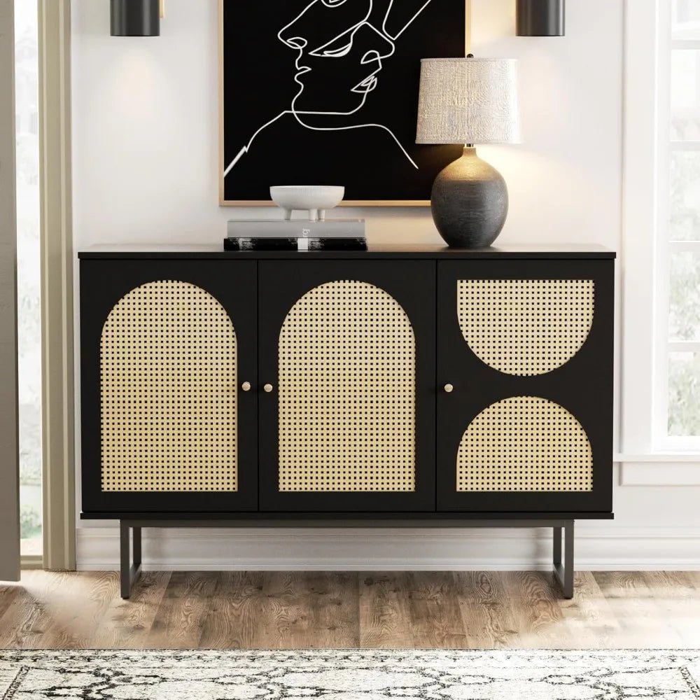 Rattan Door Sideboard Cabinet with Metal Legs for Living Room, Hallway, and Entryway - Black, 3 Doors Storage Furniture - Avero
