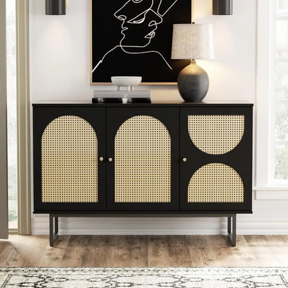 Rattan Door Sideboard Cabinet with Metal Legs for Living Room, Hallway, and Entryway - Black, 3 Doors Storage Furniture - Avero