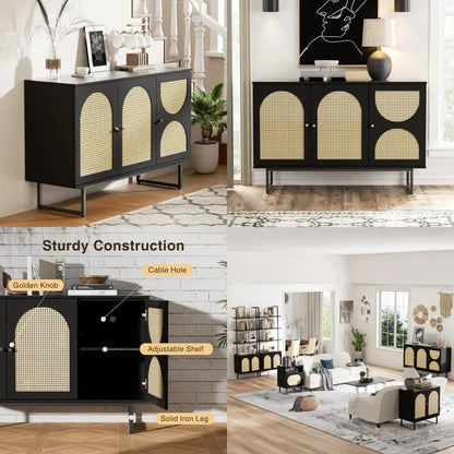 Rattan Door Sideboard Cabinet with Metal Legs for Living Room, Hallway, and Entryway - Black, 3 Doors Storage Furniture - Avero