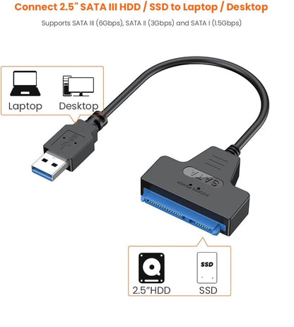 SATA to USB 3.0 Cable, USB 3.0 to SATA Adapter, Compatible with 2.5" SATA III HDD&SSD Hard Disk Driver - Avero