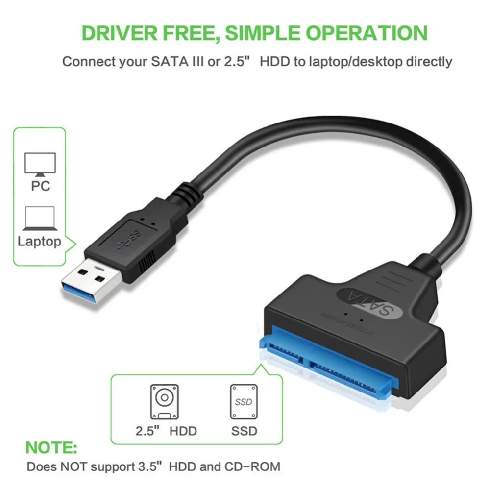 SATA to USB 3.0/2.0/Type - C Adapter Sata Cable Up To 6 Gbps Support 2.5 Inch External HDD SSD Hard Drive 22 Pin Sata III Cable - Avero