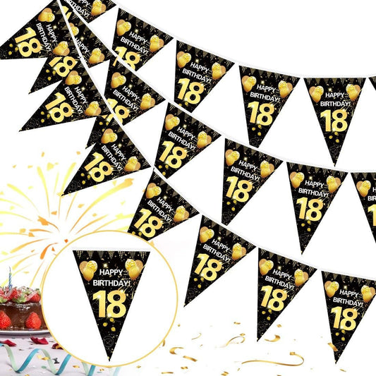 Schwarz - Goldene Girlande zum 18. Geburtstag – Wimpelkette für Jungen und Mädchen, perfekte Dekoration für unvergessliche Geburtstagsfeiern! - Avero