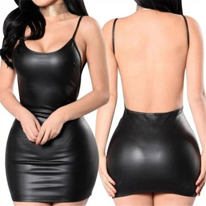 Sexy Faux Leather Dress Backless Club Party Short Dress Solid Black Wet Look Latex Bodycon Push Up Bra Mini Micro Dress - Avero