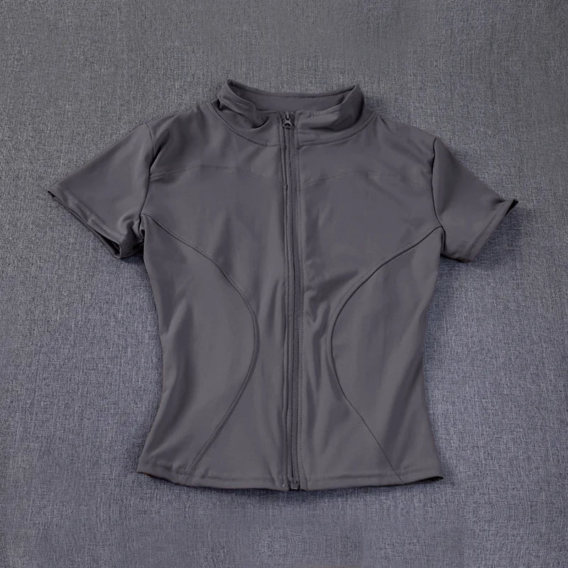 Summer High Quality Waist Slimming Training Tops Women's Quick - drying Tight Stand Collar Full Zipper Short Sleeves Yoga shirts - Avero