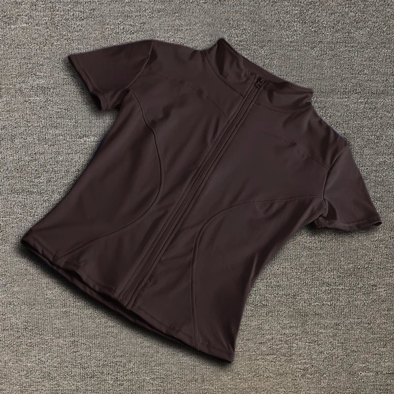 Summer High Quality Waist Slimming Training Tops Women's Quick - drying Tight Stand Collar Full Zipper Short Sleeves Yoga shirts - Avero