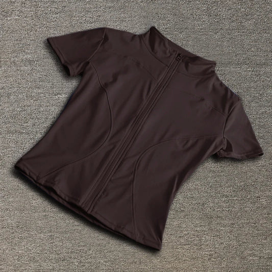 Summer High Quality Waist Slimming Training Tops Women's Quick - drying Tight Stand Collar Full Zipper Short Sleeves Yoga shirts - Avero