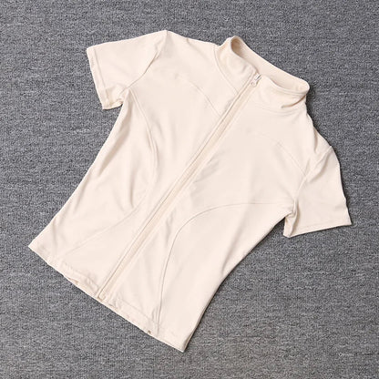 Summer High Quality Waist Slimming Training Tops Women's Quick - drying Tight Stand Collar Full Zipper Short Sleeves Yoga shirts - Avero