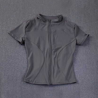Summer High Quality Waist Slimming Training Tops Women's Quick - drying Tight Stand Collar Full Zipper Short Sleeves Yoga shirts - Avero