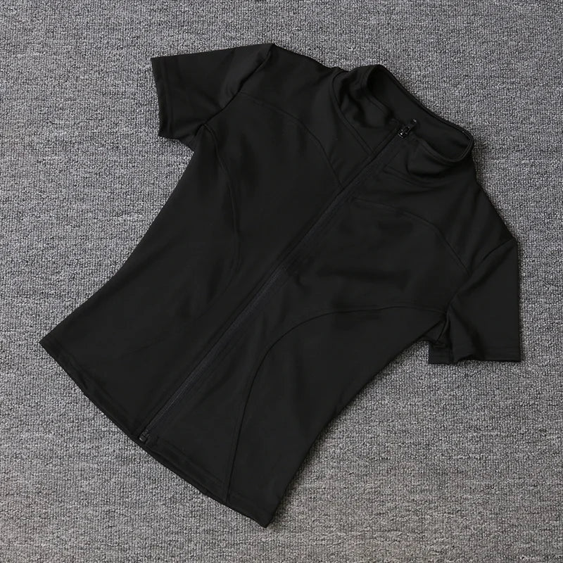Summer High Quality Waist Slimming Training Tops Women's Quick - drying Tight Stand Collar Full Zipper Short Sleeves Yoga shirts - Avero